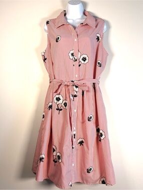 Red and White Striped Summer Dress With Floral Embroidery